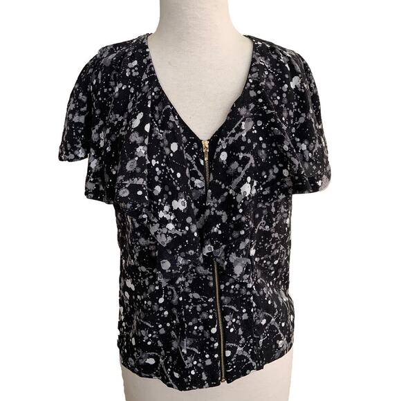 Tory Burch Blouse Top Black Paint Drip 100% Silk Zip Up Flutter Sleeve Ruffled 2 - Picture 3 of 6